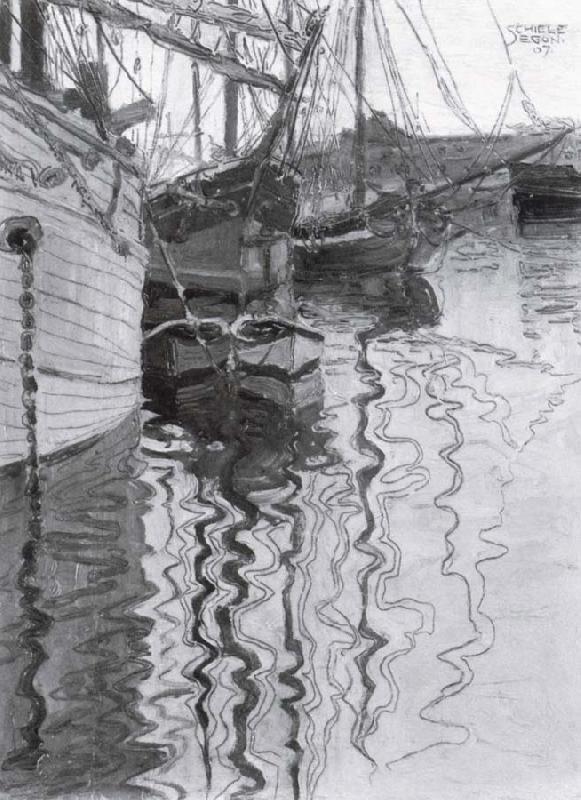 Egon Schiele Sailing-ships in trieste harbour France oil painting art